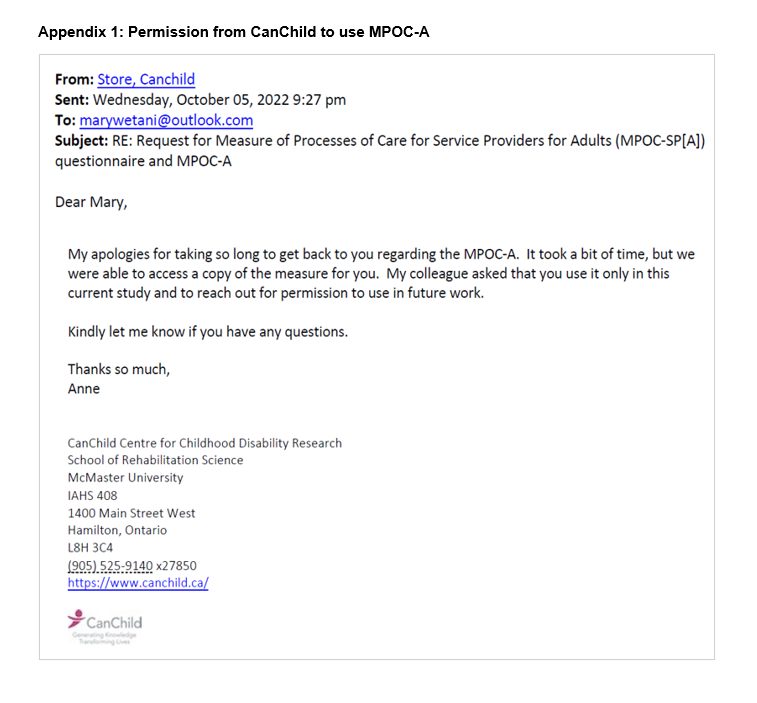Appendix 1: Permission from CanChild to use MPOC-A